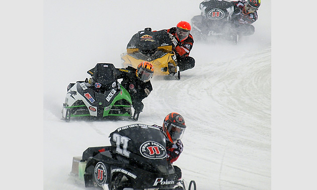 (L to R) Brandon Johnson, Gary Moyle, Matt Schultz and Dustin Wahl compete in the Pro Champ 440 class at the Canadian Power Toboggan Championships. Darryl Gershman photo - CPTC