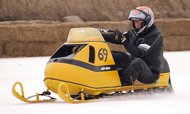 Colin Demianyk from Winnipeg, Manitoba, races on a 1970 Ski-Doo in the Vintage Masters 340 and Relic Mod classes at the Canadian Power Toboggan Championships. Darryl Gershman photo - CPTC