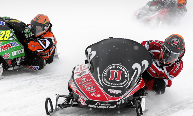 Brandon Johnson finishes first in the Pro Champ 440 final at the 2010 Canadian Power Toboggan Championships. Rob Bye photo