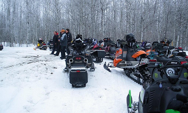 Sleds lined up during a rest stop at Hanmore Lake warm-up cabin near Smoky Lake. Vern Billey photo