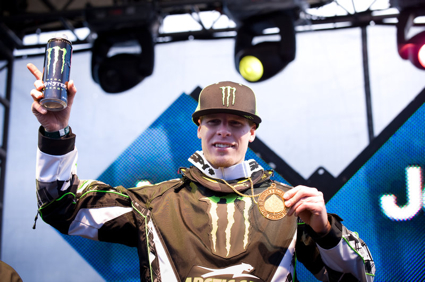 Tucker Hibbert proudly displays his fifth consecutive snocross gold medal at the Winter X Games. John Hanson photo